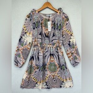 NWT Funky People Long Sleeve Dress Babydoll Mini Dress Colorful Retro Boho S